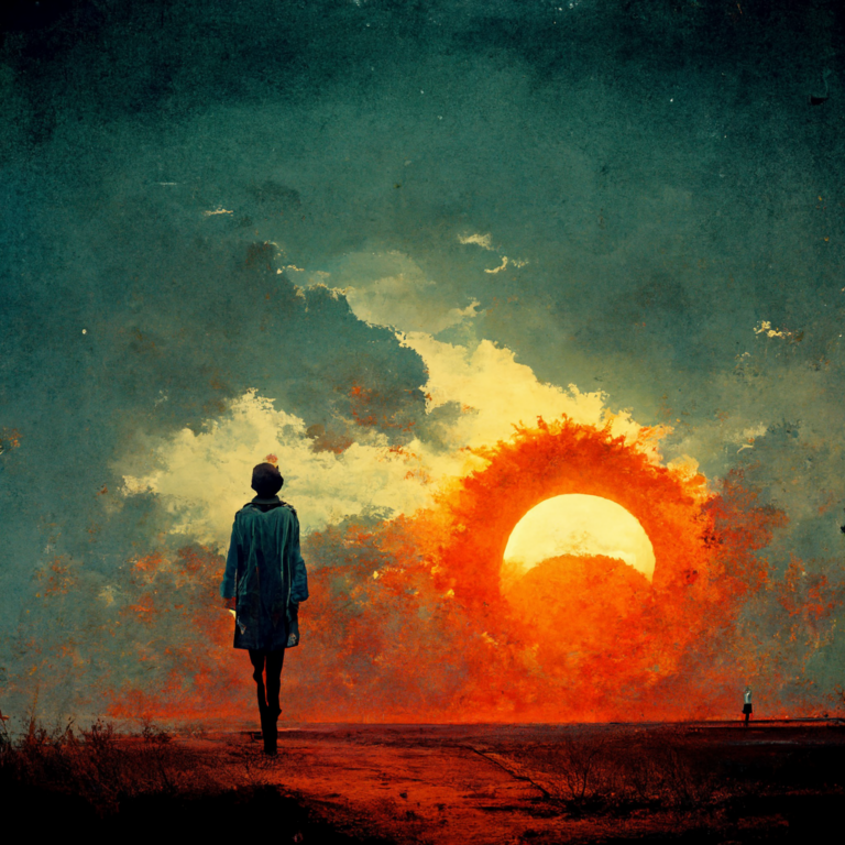 A person stands on a path facing a massive, vivid orange sun setting close to the ground, under a moody blue sky. another small figure is visible in the distance, enhancing the scene's scale and drama.