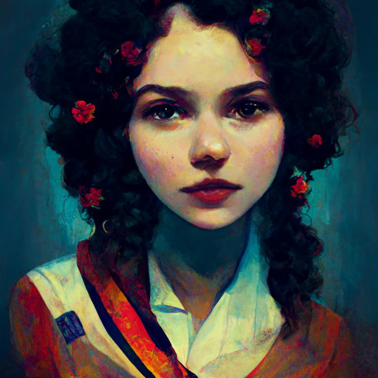Portrait of a young woman with curly hair adorned with red flowers, wearing a white shirt with a colorful sash and a badge. the artwork has a vivid, textured blue background.