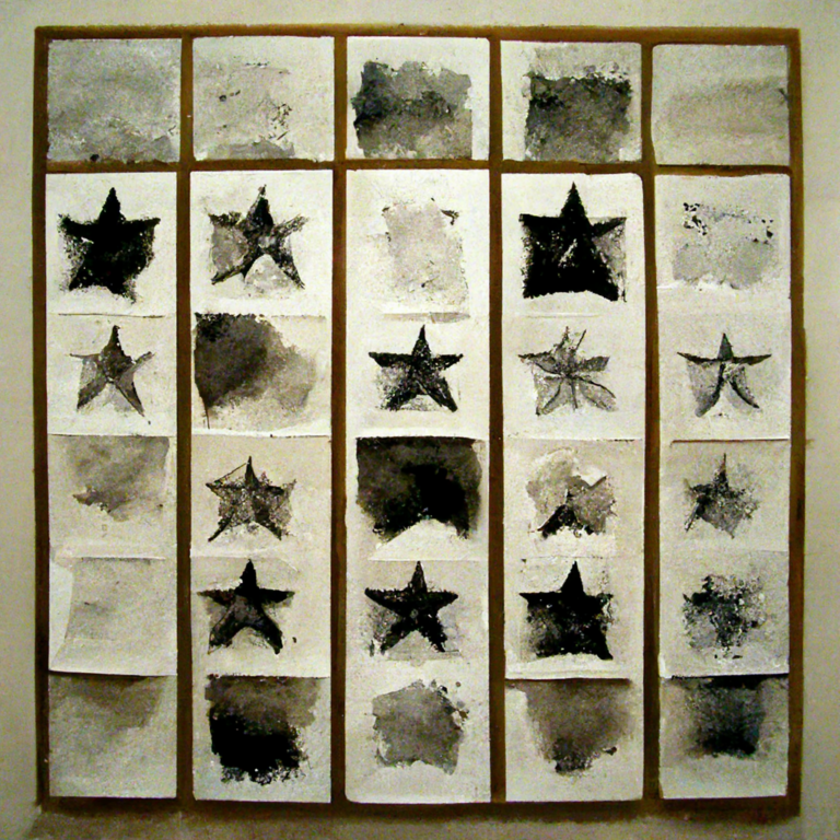 A grid of twenty paper sheets, each featuring a unique black star with various textures and intensities, set against a textured grey wall.