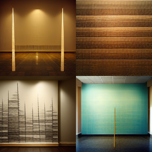 Collage of four abstract art installations featuring minimalist designs with straight lines and varying textures, displayed in different indoor settings.