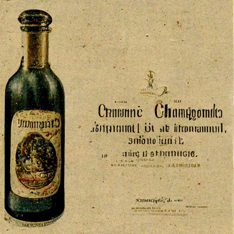 Antique advertisement featuring a bottle with a detailed label, surrounded by text in a non-latin script, possibly advertising a beverage or medicinal tonic. the design includes ornate elements and is aged with dark, faded colors.