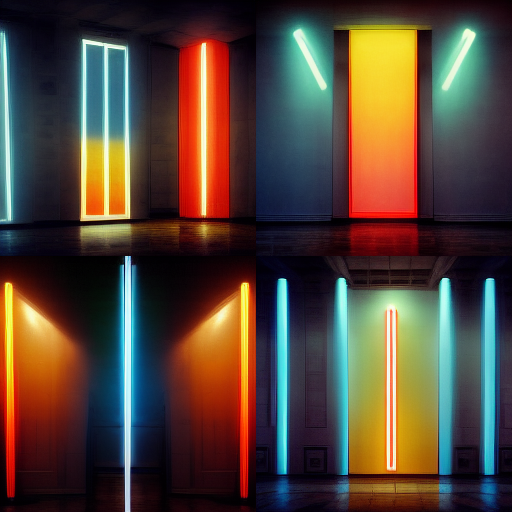 An artistic display featuring four fluorescent light installations in different colors, reflected on a glossy floor in a dimly lit room with neoclassical architectural elements.