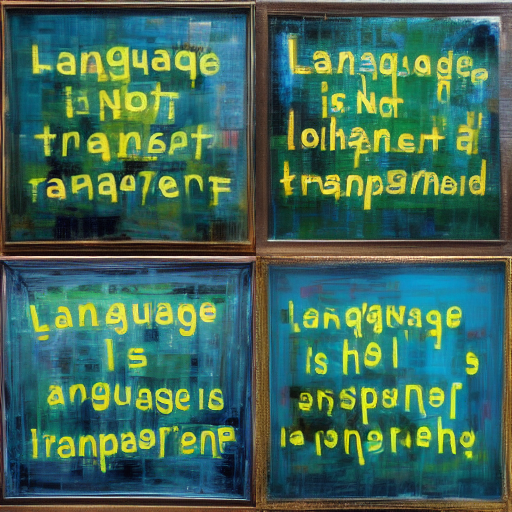 Four panels of artwork, each featuring the phrase "language is not transparent" painted in stylized, blurry text, varying in color across panels of blue, green, and yellow.