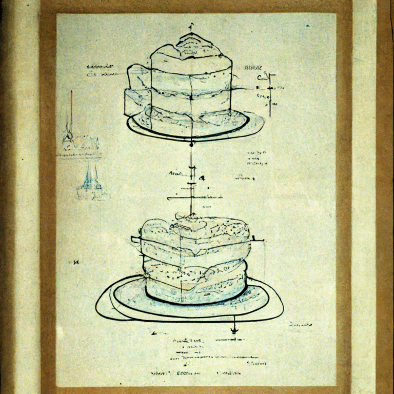 An aged blueprint-style drawing of a three-tier cake with labeled parts and dimensions, presented on a weathered paper background.