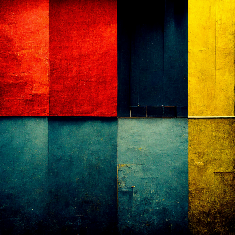 Abstract color-blocked image featuring four large squares in red, black, yellow, and blue, each with a textured, weathered appearance.