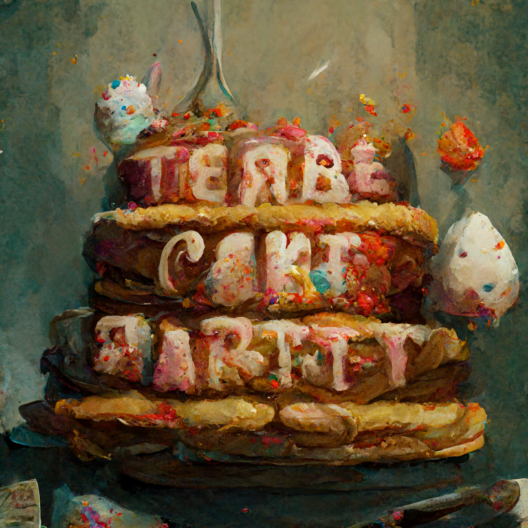 A vibrant, impressionistic painting of a towering pancake stack with colorful, melting frosting and sprinkles, featuring candies and cookies spelling out "pancake cake party.
