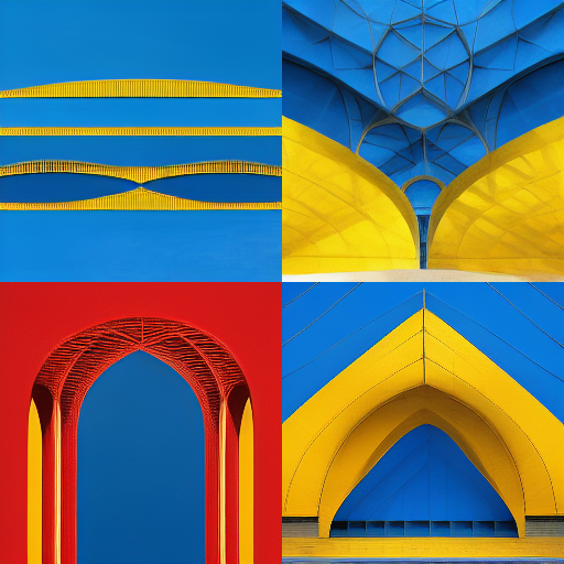 Four architectural details featuring bold colors: yellow balconies against a blue sky, a complex blue geometric ceiling, a red arched structure on a blue background, and a sharp yellow archway on a blue background.