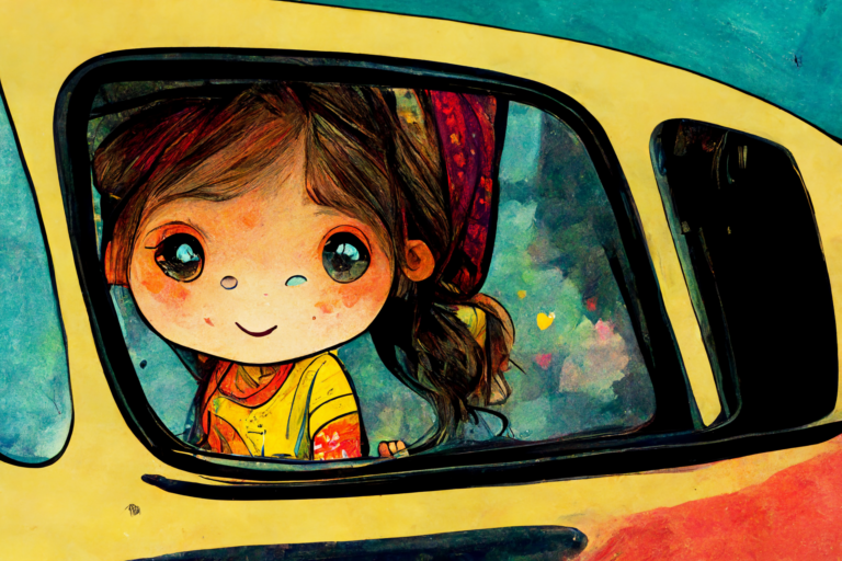 Illustration of a cheerful young girl peeking out from the window of a colorful car, with her wavy hair and a red headband, surrounded by a vibrant, abstract background.