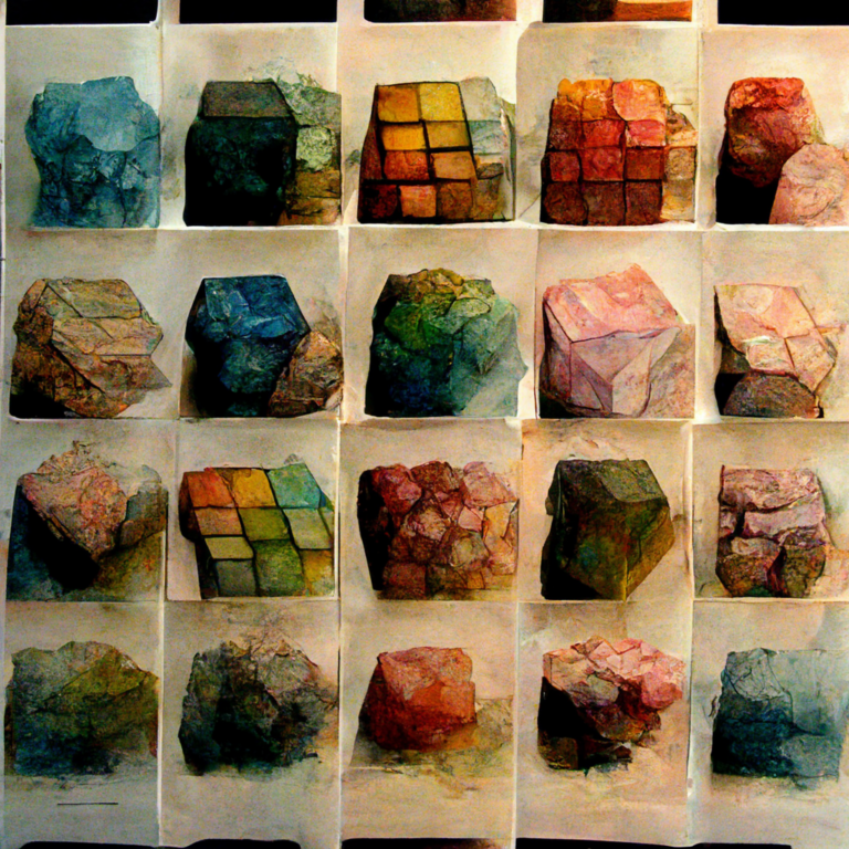 A grid of images showing cubes with various textures and colors, resembling an art piece with diverse patterns and hues on each cube.