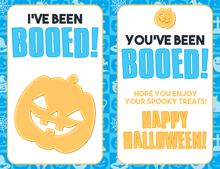 Two themed halloween signs. the left one says "i've been booed!" with a blue background. the right says "you've been booed! hope you enjoy your spooky treats! happy halloween!" with a smiling pumpkin graphic.