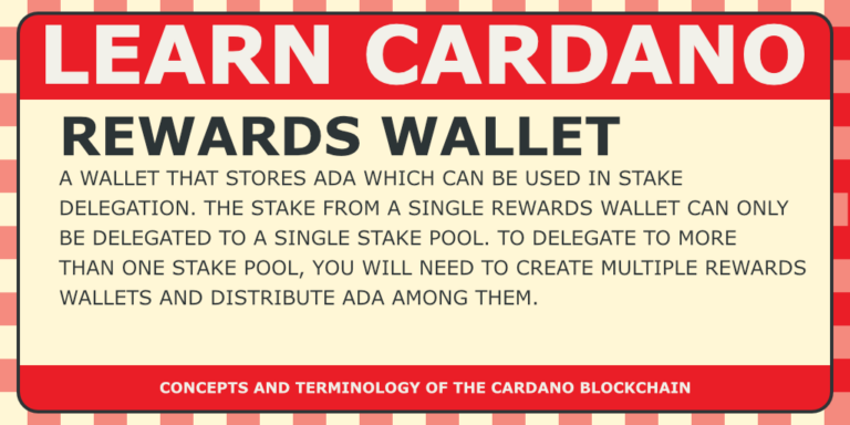 Red and white infographic titled "learn cardano rewards wallet," explaining that it stores ada for stake delegation and requires multiple wallets for staking to more than one pool.