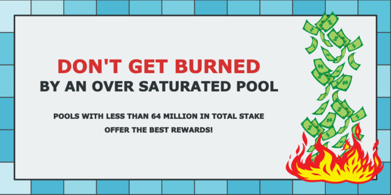 Graphic featuring a message about staking pools, with text stating "don't get burned by an over saturated pool" above a fire with money flying out. additional advice below highlights optimal pool sizes for rewards.