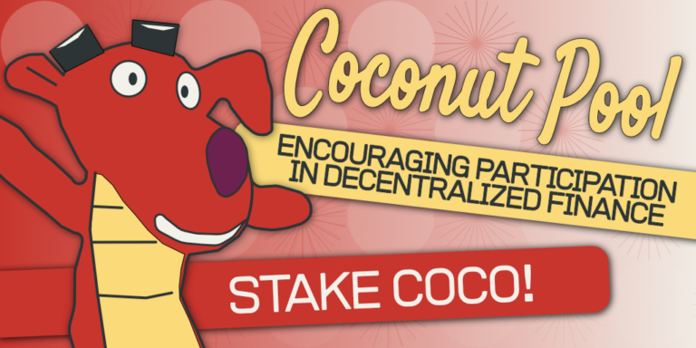 Illustration of a cheerful red dog next to the text "coconut pool - encouraging participation in decentralized finance. stake coco!" with fireworks and hearts in the background.