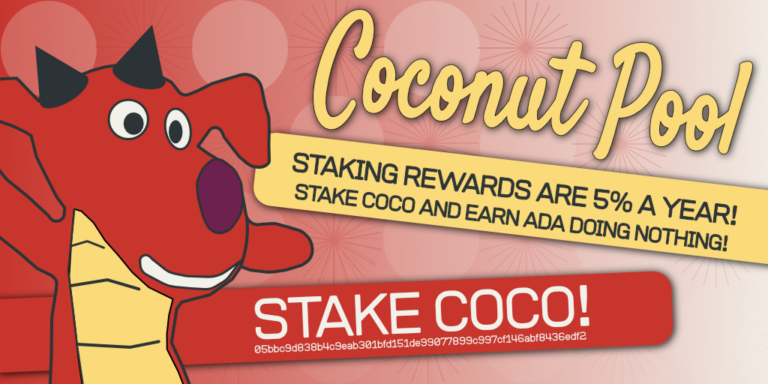 Promotional graphic for "coconut pool" featuring a cartoon red dog wearing a yellow shirt, with text advertising a 5% annual staking reward and the phrase "stake coco!" in bold letters, against a red and pink background.