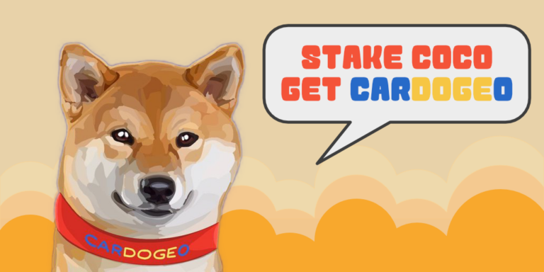 Illustration of a shiba inu dog wearing a red collar labeled "cardoceo," against a golden background, with a speech bubble saying "stake coco get cardoceo.