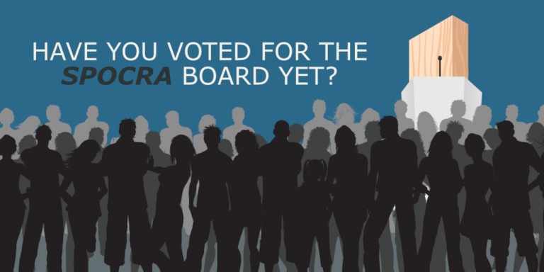 Silhouette of a diverse group of people facing a podium with a ballot box, under the text "have you voted for the spocra board yet?" against a blue background.