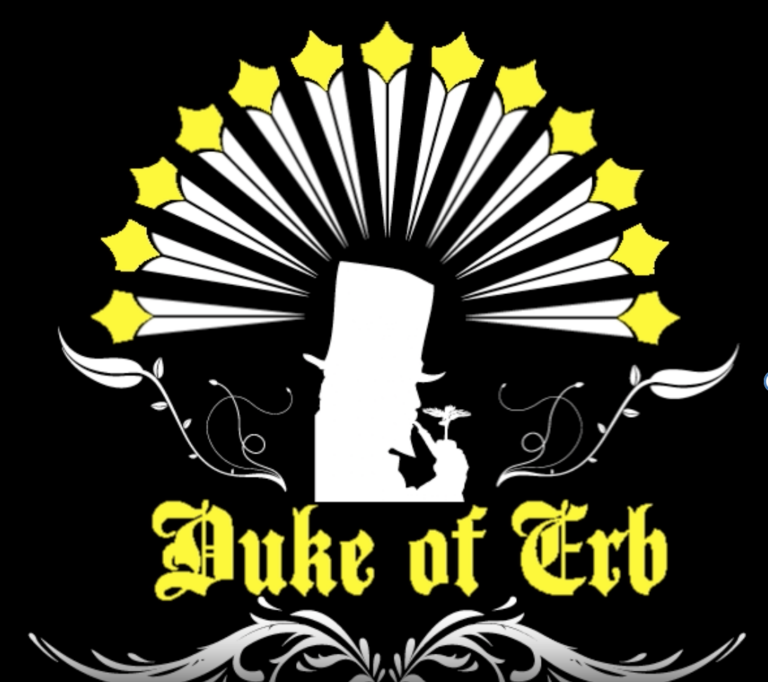 A stylized emblem featuring a white silhouette of a man with a beard on a black background, surrounded by yellow stars and decorative scrolls, with the text "duke of erb" in yellow at the bottom.