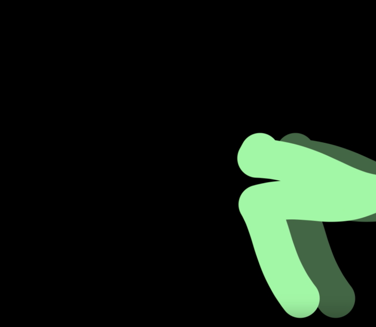 Abstract green glowing shapes arranged on a black background, resembling a stylized, minimalistic pair of frog legs.