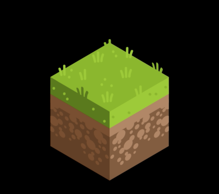 Illustration of a 3d isometric soil cube with a top layer of green grass and underlying layers showing brown soil with lighter brown speckles, depicting soil texture and composition.