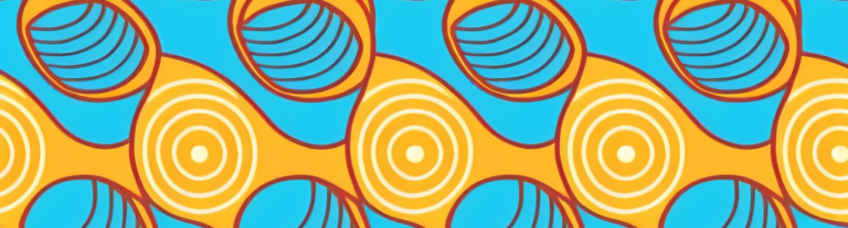 Abstract pattern with overlapping geometric shapes in blue and orange, featuring circular and spiral designs on a bright blue background.