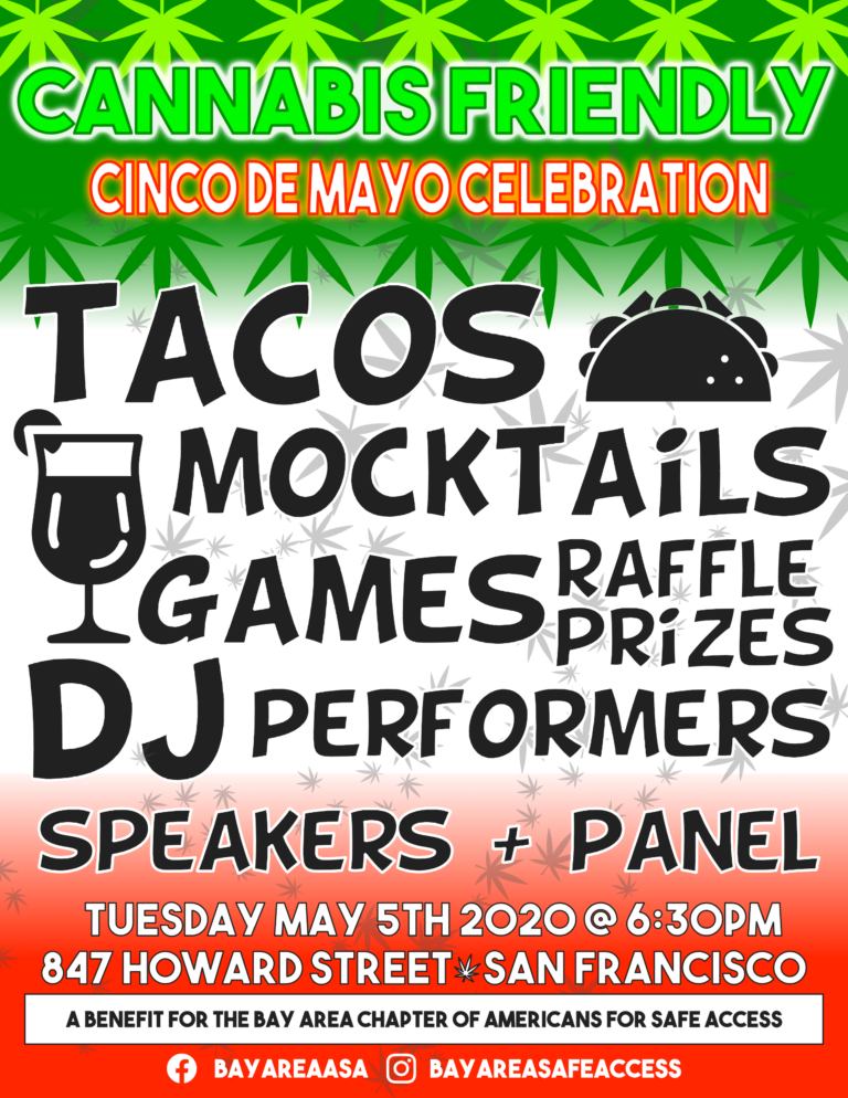 Vibrant poster announcing a cannabis-friendly event on cinco de mayo featuring tacos, mocktails, games, a raffle, dj performances, speakers, and a panel at 847 howard street, san francisco. decorated with a green cannabis leaf background.