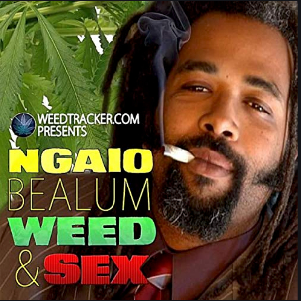 Advertisement featuring ngaio bealum with a cannabis leaf background. he is smoking, with smoke visible, promoting a talk on "weed & sex" by weedtracker.com.