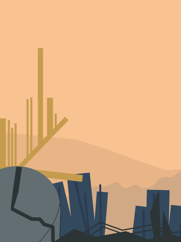 A stylized digital artwork displaying a cityscape at sunset. the illustration features geometric buildings and skyscrapers under a soft orange sky.