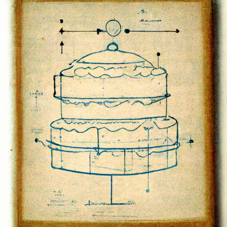Blueprint-style drawing of a three-tiered cake on paper, including measurements and annotations in a technical format. the cake appears detailed with layers and decorative elements.