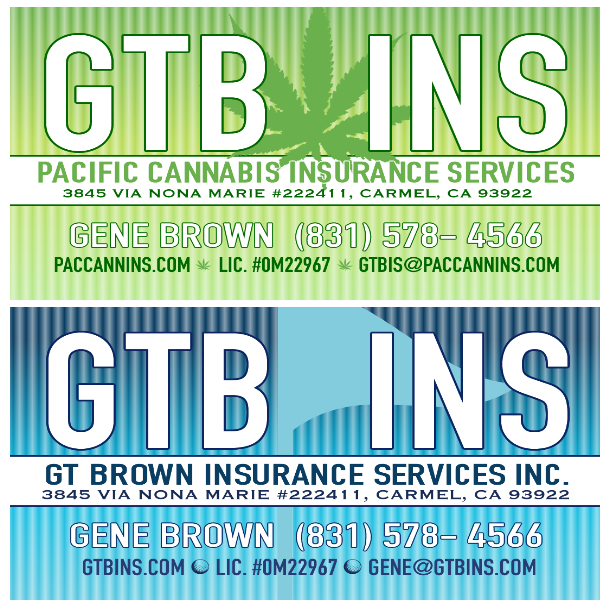 Graphic advertisement for gtb insurance services featuring large text "gtb ins" over a green background with cannabis leaf motifs, and contact information including the company's address and license number.