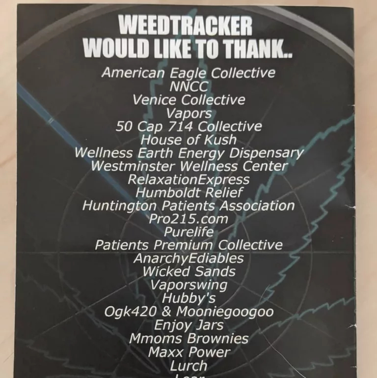 An image of a circular black poster with a glossy finish featuring a list of names and logos thanking various sponsors like 'american eagle collective,' 'house of kush,' and others associated with 'weedtracker.'.