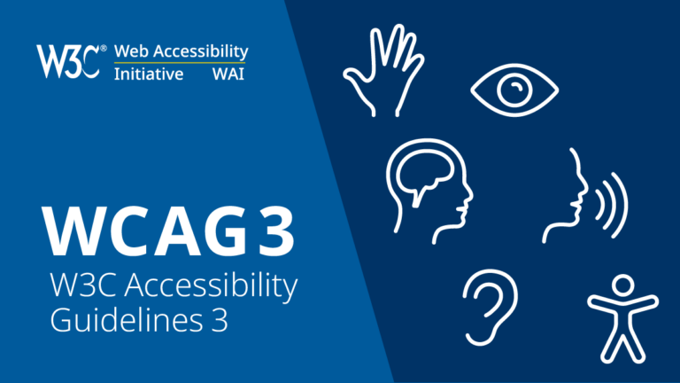 Promotional graphic for wcag 3 featuring symbols for accessibility: a hand, eye, brain with gears, ear with sound waves, and a person dancing, split by a vertical line with text "wcag3 web accessibility initiative wai.