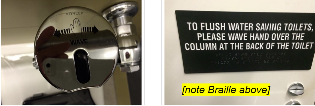 An image of signage related to a public toilets flushing mechanism. 