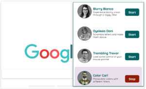 A webpage interface showcasing google's logo with four user profile icons below; each icon pairs with text about a digital tool, like "blurry bianca" with a foggy filter and "scramble dani" that alters text.