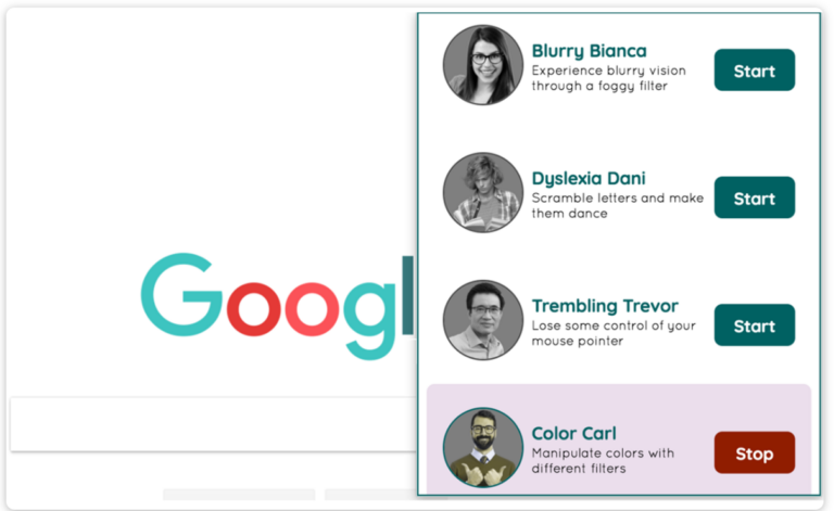A webpage interface showcasing google's logo with four user profile icons below; each icon pairs with text about a digital tool, like "blurry bianca" with a foggy filter and "scramble dani" that alters text.