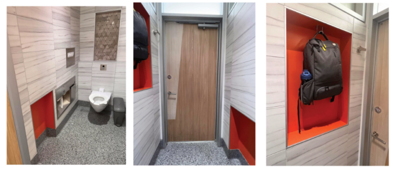 Triptych image of a modern bathroom: left shows a toilet with white and gray tiles, middle is a closed wooden door, right displays a black backpack hanging on a hook against a bright orange wall.