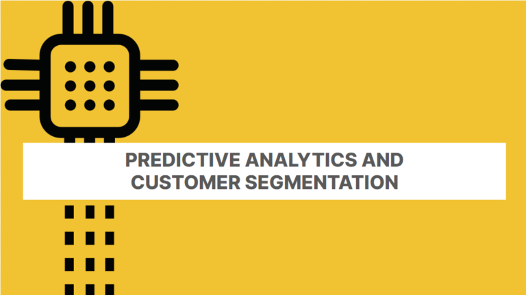 Graphic icon of a microchip on a yellow background, with text reading "predictive analytics and customer segmentation" above and below the chip.