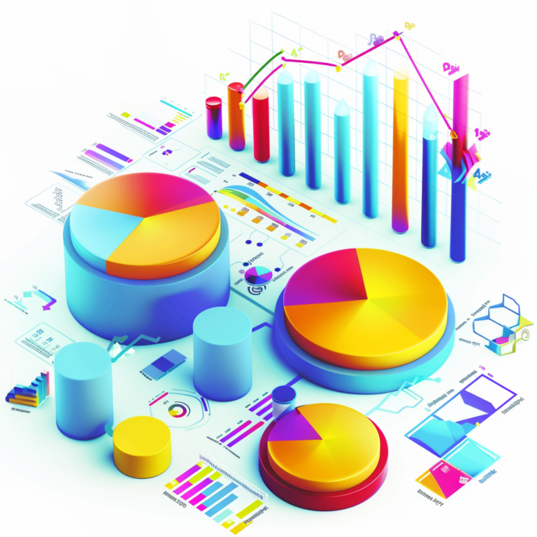 A vibrant, 3d illustration of various financial charts and graphs, including bar graphs, pie charts, and line graphs, displayed in an array of bright colors on a white background.