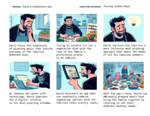 Six-panel comic illustrating david planning family meals considering dietary needs, discovering a helpful meal planning app, and successfully preparing a meal that meets everyone's preferences with the app's assistance.