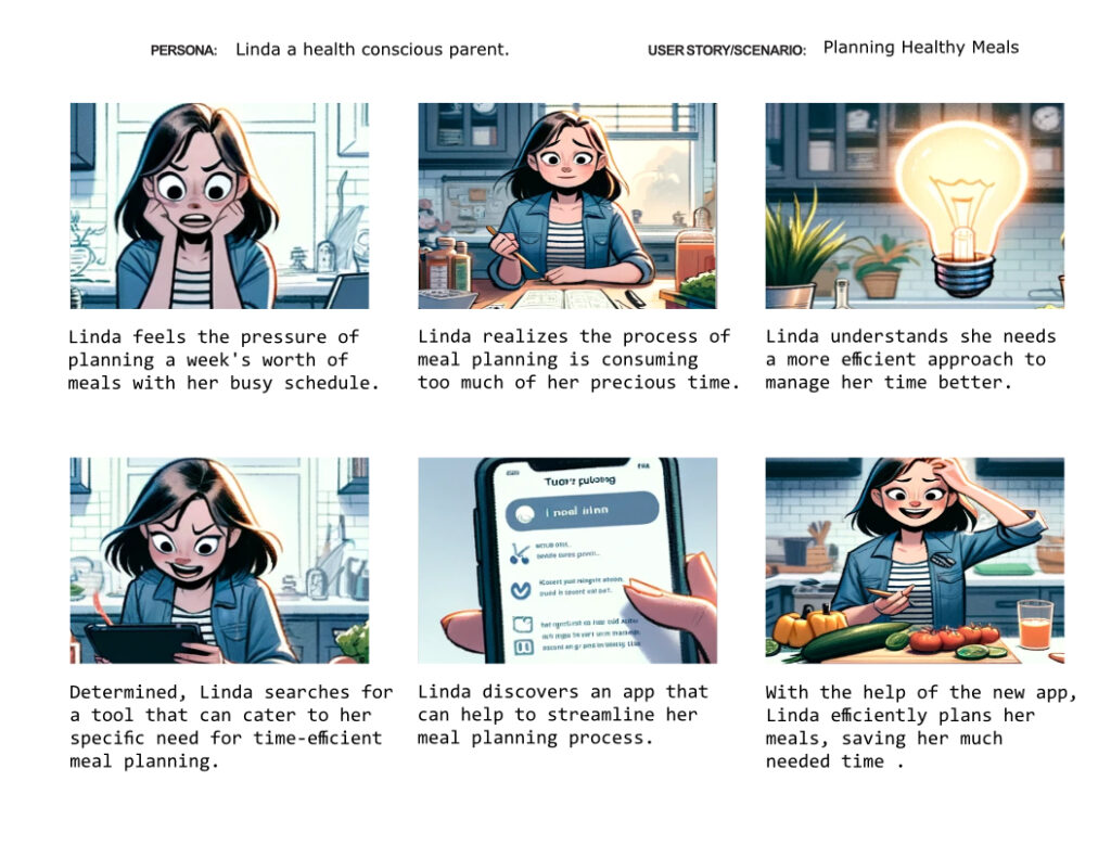 A comic-style storyboard featuring linda, a health-conscious parent planning meals. the six panels depict her stress, realization, learning, searching, discovering an app, and successfully planning meals efficiently.