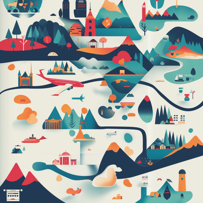 A vibrant, stylized landscape illustration depicts various modes of transportation such as airplanes, boats, and cars traveling through diverse terrain including mountains, forests, villages, and rivers. The colorful and geometric design adds a whimsical feel.