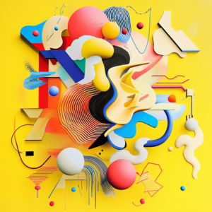 A vibrant abstract composition with various geometric and organic shapes in bright colors like yellow, blue, red, and pink. The chaotic arrangement includes spheres, lines, curves, and swooshes, all set against a bright yellow background.