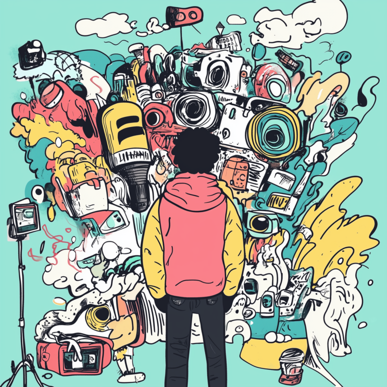 A person with dark curly hair, wearing a red hoodie and black pants, stands with their back to the viewer, facing a vibrant, chaotic collage of cameras, lenses, film reels, and colorful abstract shapes. The background is light teal, and a tripod is on the left.