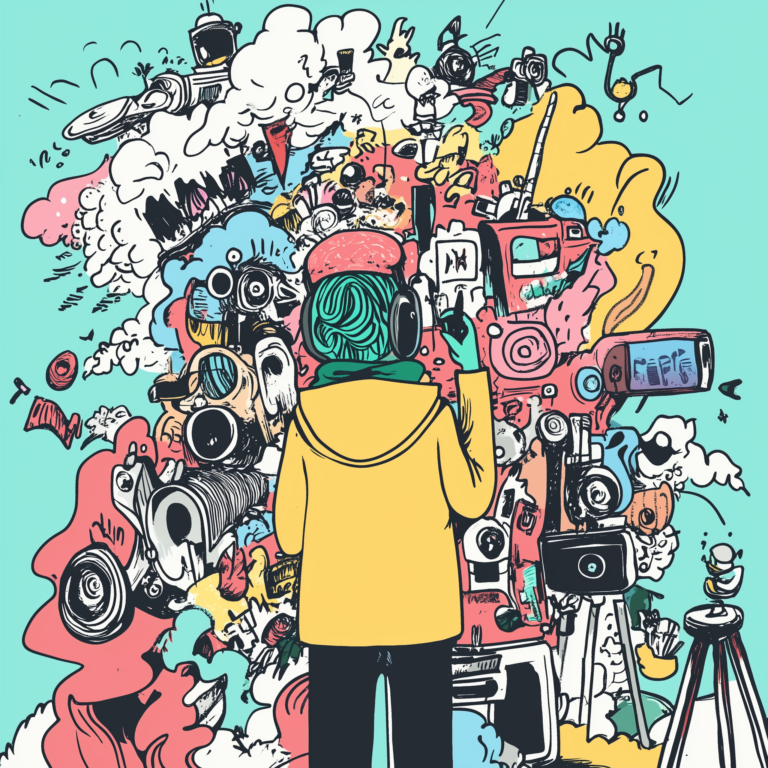 A person in a yellow jacket with green hair and headphones stands facing a chaotic amalgamation of cameras, screens, and various tech gadgets, which are drawn in a colorful, cartoonish style with abstract elements and characters surrounding them.