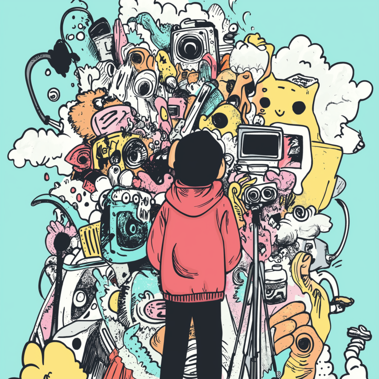 A person in a red hoodie, seen from behind, stands in front of a vibrant, chaotic mural filled with cameras, robots, hands, and various whimsical objects and creatures. The background is a light blue, and the artwork is full of intricate details and vivid colors.