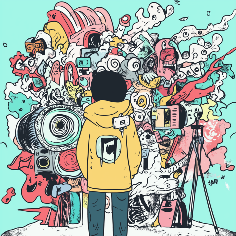 A person in a yellow hoodie, facing away, stands before a colorful, chaotic mural of abstract shapes and figures. A camera on a tripod is positioned to the right, aimed at the artwork. The background is filled with vibrant pastel colors and dynamic lines.