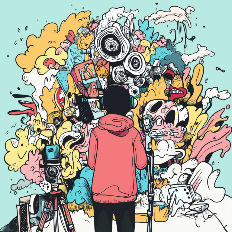 An illustration shows a person in a red hoodie standing in front of cameras and colorful, chaotic swirls and shapes. The scene is vibrant with various abstract elements, including clouds, circles, and splashes, creating a dynamic and imaginative backdrop.