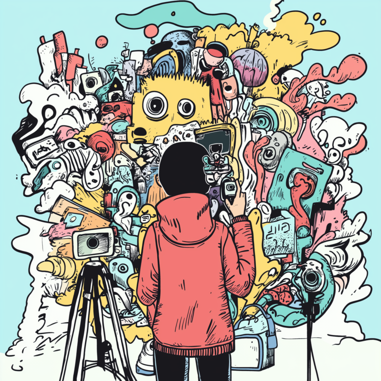 A person in a red hoodie films an eclectic, colorful explosion of doodles and cartoon characters with various cameras on tripods. The chaotic scene is filled with whimsical creatures, abstract shapes, and vibrant splashes of color against a light blue background.