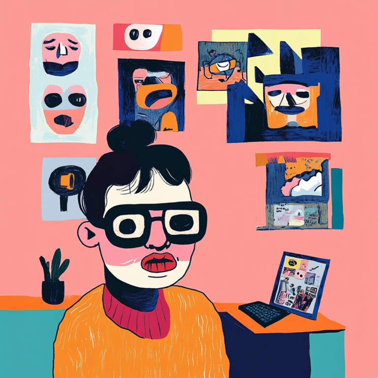 A colorful, stylized illustration of a person with glasses and a bun, wearing an orange sweater, sits at a desk with a laptop. The wall behind them is decorated with various abstract and cartoon-style art pieces. A small plant is on the desk.