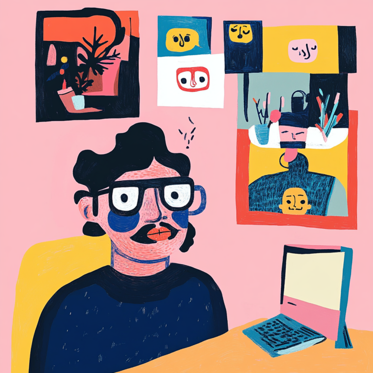 A colorful illustration depicts a person with glasses, dark hair, and a mustache, sitting at a desk with a laptop. The wall behind is adorned with multiple abstract art pieces featuring various faces and plants. The background is pink with playful, vibrant colors.