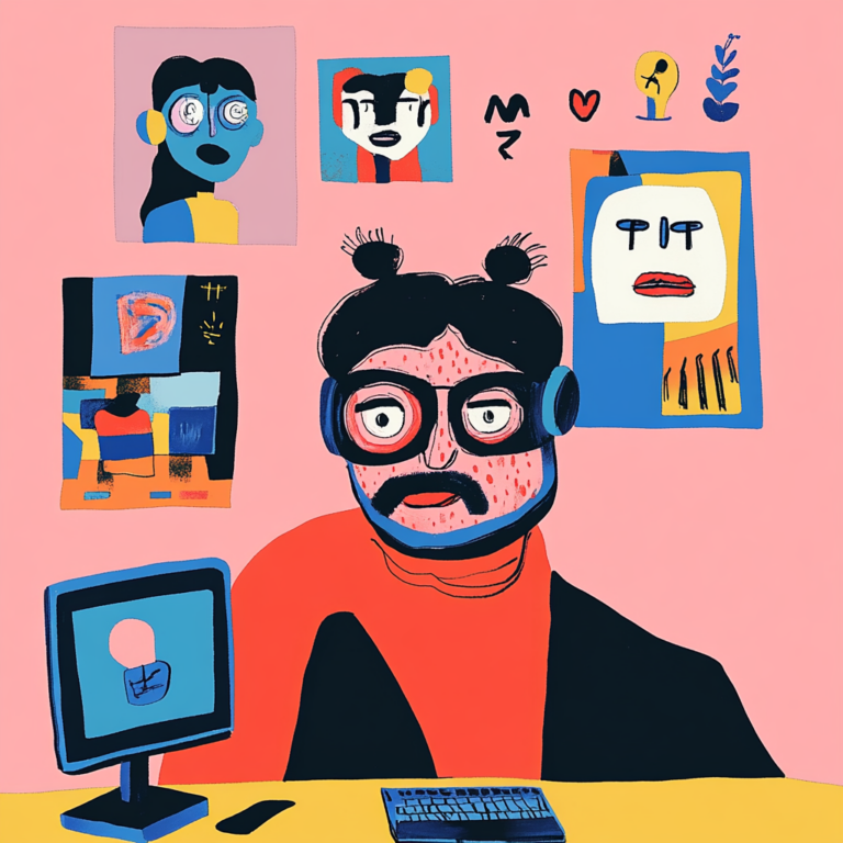 A colorful, abstract drawing of a person with glasses and headphones sitting at a desk with a computer and keyboard. The wall behind them features various stylized posters and artwork. The background is primarily pink with contrasting vibrant hues.